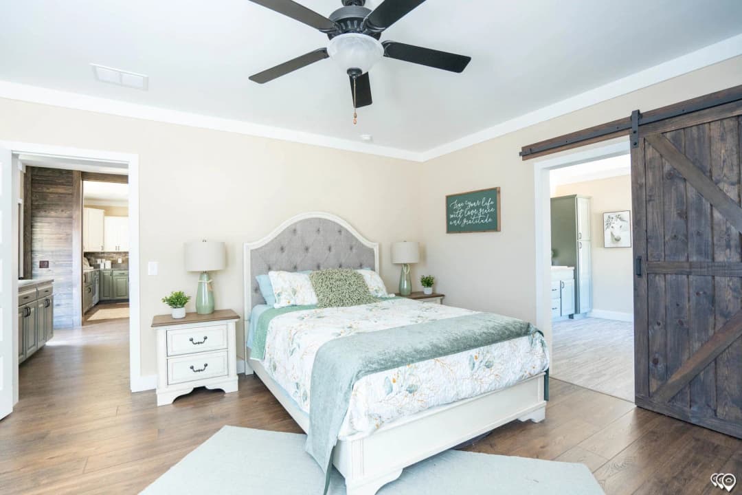 The barndominium 1 story bedroom home features